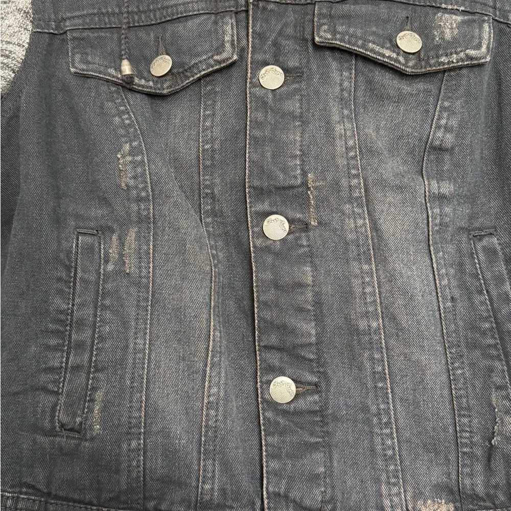 Free People distressed Black Jean Jacket with charcoal Sleeves